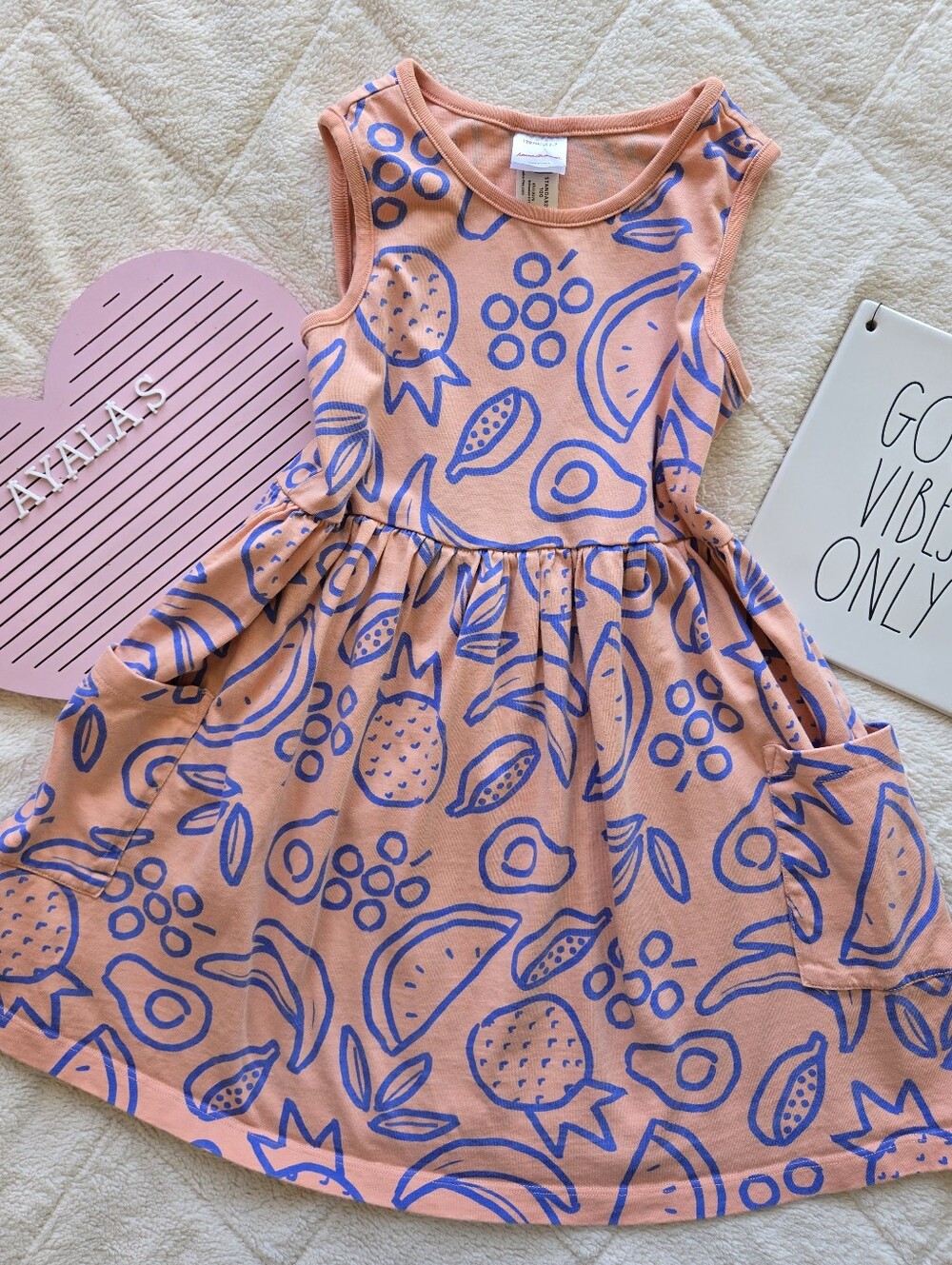 Hanna Anderssor Sleeveless Print Pocket Dress Size 6-7 Girls Kids Peach Color